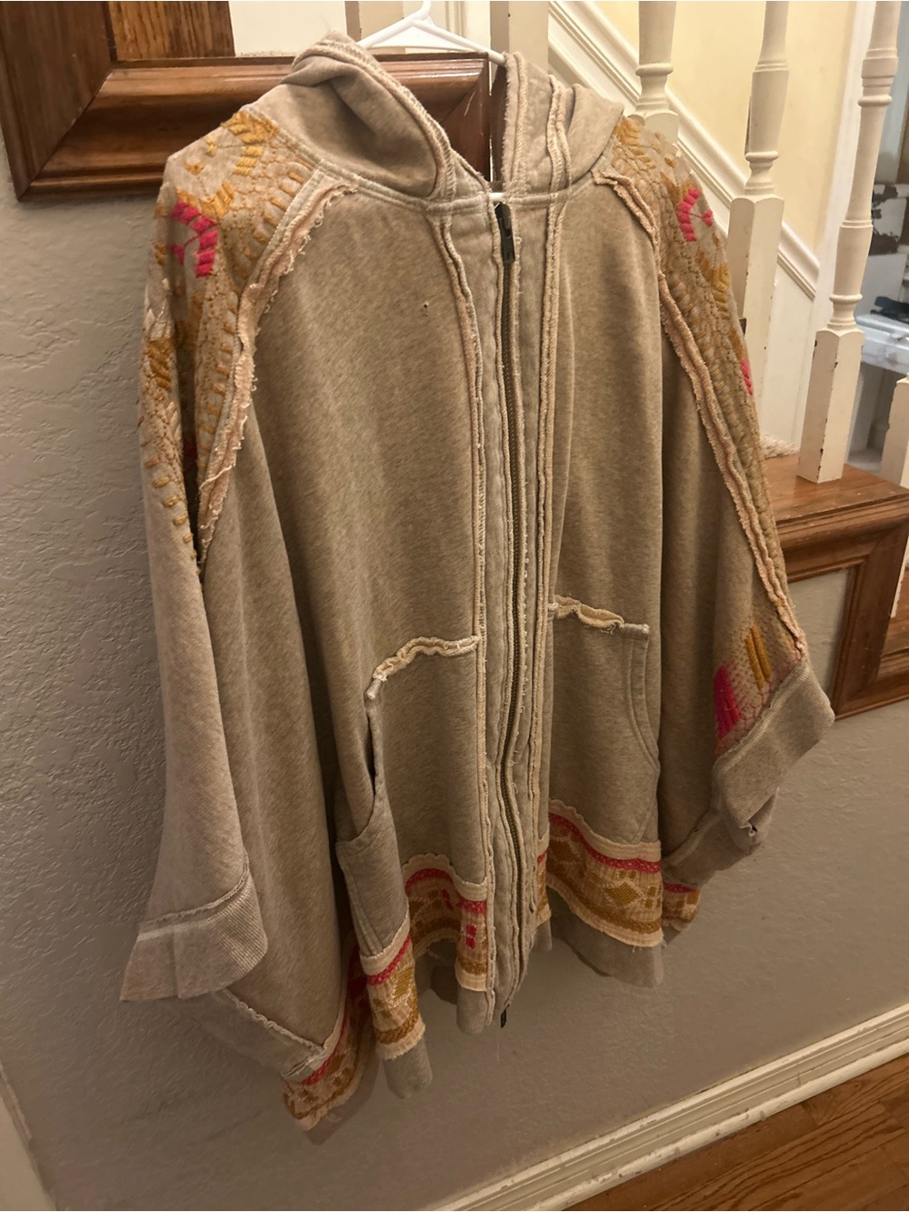 Free People Beige Hooded Embroidered Zip Cape with Pink & Mustard Accents